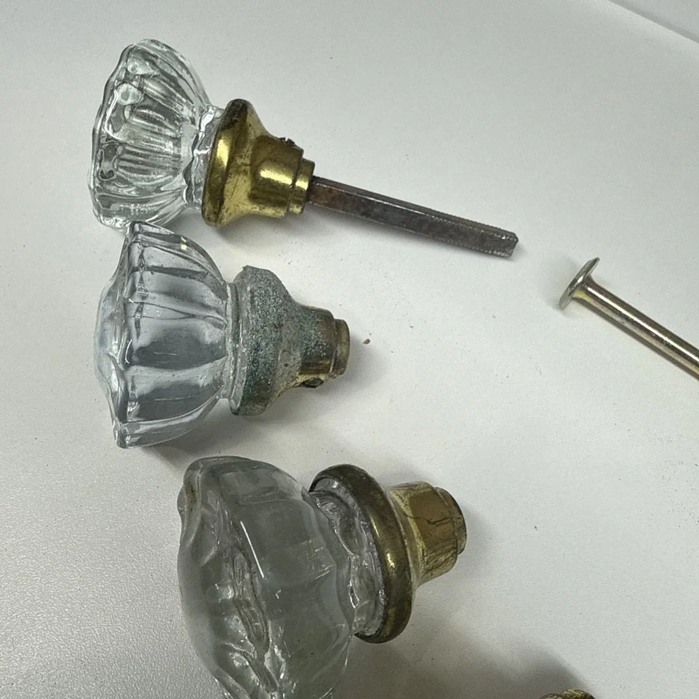 Vintage Glass Door Knob Set w/ Brass Ferrules (Barn Find, Clear Crystal Style)